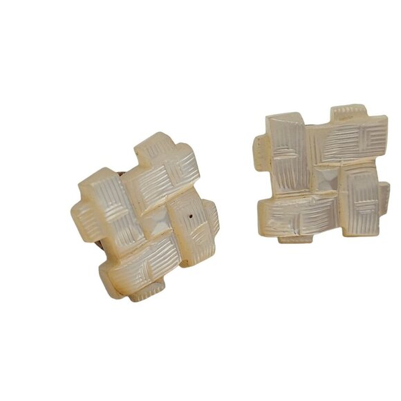 Carved Mother of Pearl Basket Weave Square Cufflinks Vintage - Picture 2 of 5